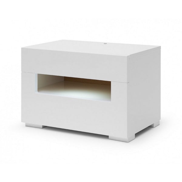 2 Pull Out Drawer Nightstand With High Gloss And Open Compartment, White