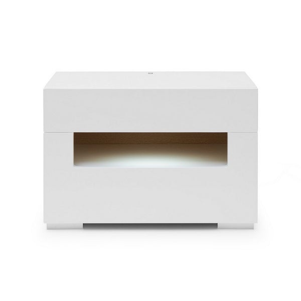2 Pull Out Drawer Nightstand With High Gloss And Open Compartment, White