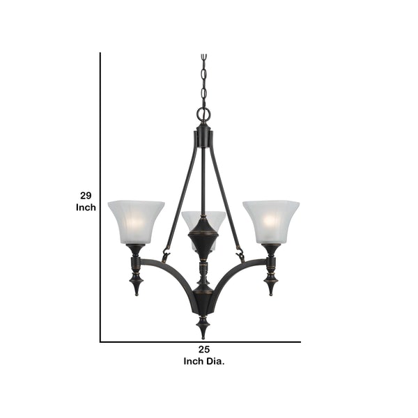 3 Bulb Chandelier With Glass Shade And Metal Frame, Black And White - BM223592