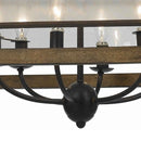 6 Bulb Square Chandelier With Wooden Frame And Organza Striped Shade, Brown - BM223594