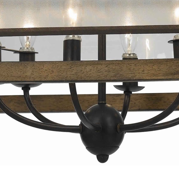 6 Bulb Square Chandelier With Wooden Frame And Organza Striped Shade, Brown - BM223594