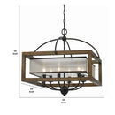 6 Bulb Square Chandelier With Wooden Frame And Organza Striped Shade, Brown - BM223594