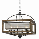 6 Bulb Square Chandelier With Wooden Frame And Organza Striped Shade, Brown - BM223594