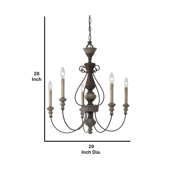 5 Light Metal Candle Chandelier With Scrolled Details, Gray And Brown - BM223596