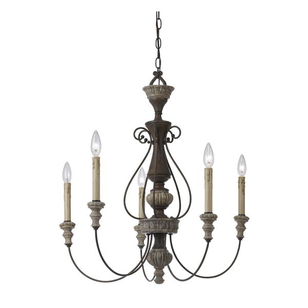 5 Light Metal Candle Chandelier With Scrolled Details, Gray And Brown - BM223596