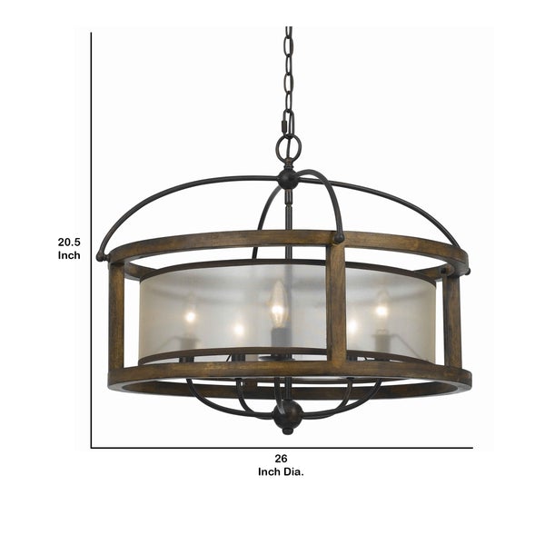 5 Bulb Round Chandelier With Wooden Frame And Organza Striped Shade, Brown - BM223597
