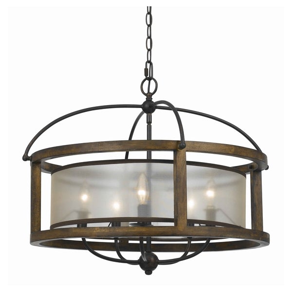 5 Bulb Round Chandelier With Wooden Frame And Organza Striped Shade, Brown - BM223597