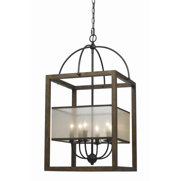 Rectangular Chandelier With Wooden Frame And Organza Striped Shade, Brown - BM223601