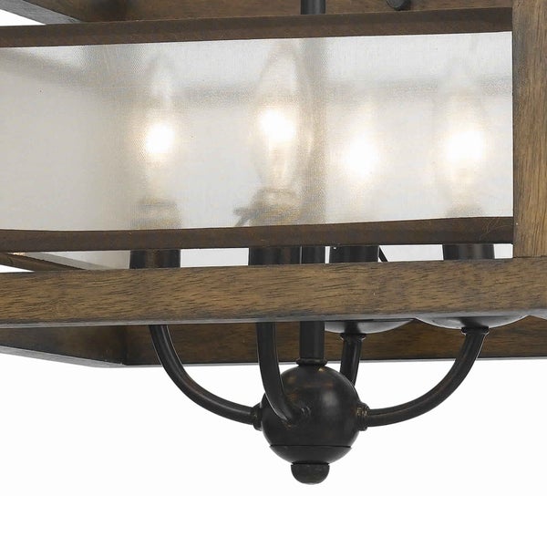 4 Bulb Semi Flush Pendant With Wooden Frame And Organza Striped Shade,Brown - BM223620