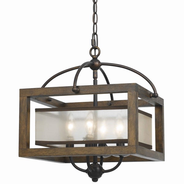 4 Bulb Semi Flush Pendant With Wooden Frame And Organza Striped Shade,Brown - BM223620