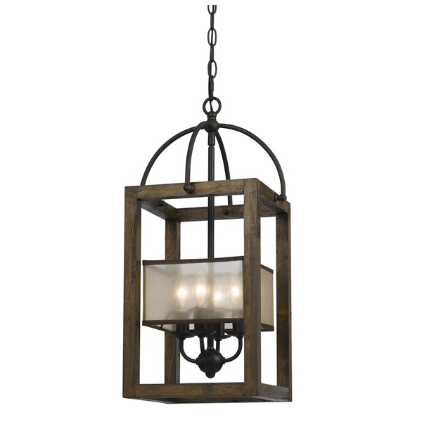 4 Bulb Chandelier With Wooden Frame And Organza Striped Shade, Brown - BM223624