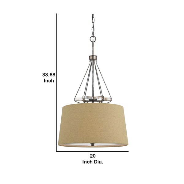 3 Bulb Pendent With Round Burlap Shade And Metal Frame, Beige - BM223631