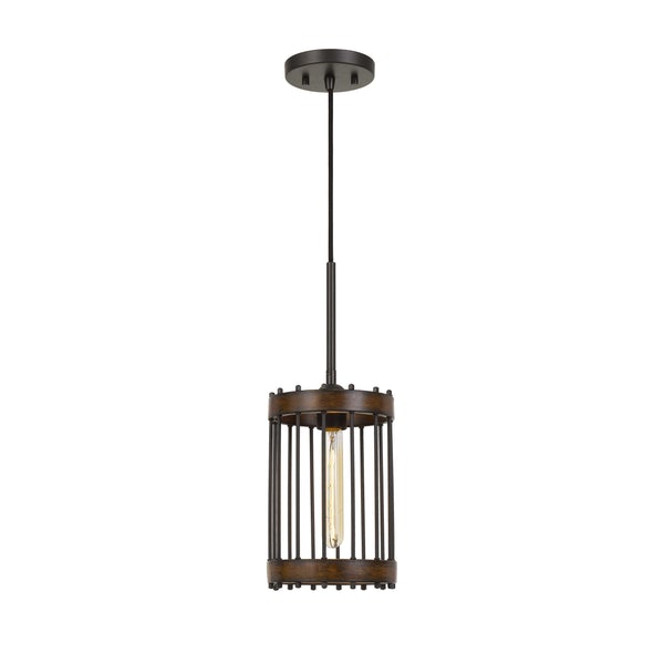 Caged Cylinder Design Metal Pendant Fixture With Canopy, Black And Brown - BM224637