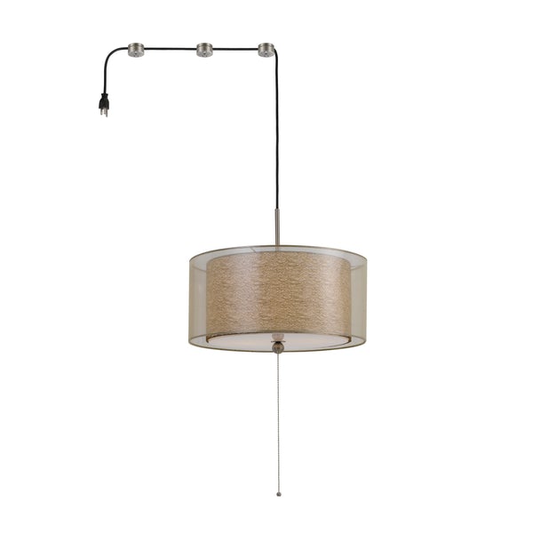 60 X 2 Watt Drum Shade Pendant Fixture With 3 Cord Hangers, Beige And Clear - BM224670
