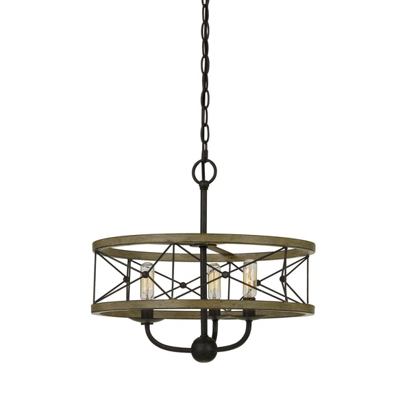 3 Bulb Hanging Pendant Fixture With Wooden And Metal Frame, Brown And Black - BM224681