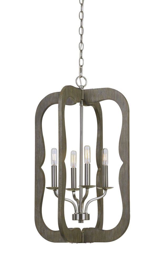 Wooden Cut Out Design Frame Pendant Fixture With Chain, Distressed Brown - BM224722