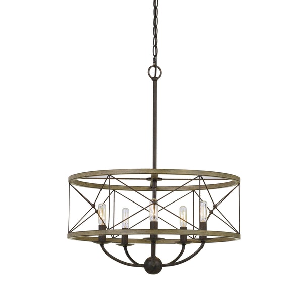 Round Wooden Frame Pendant Fixture With Metal Lattice Design, Dark Bronze - BM224802