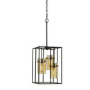 Rectangular Open Cage Design Pendant With Cylindrical Glass Shade, Black - BM224818