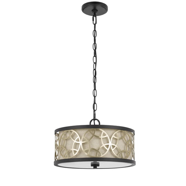 Cylindrical Drum Pendant Chandelier With Lattice Design, Black And Brass - BM224827