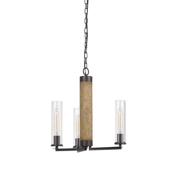3 Glass Shade Metal And Wooden Chandelier With Chain, Black And Clear - BM224837