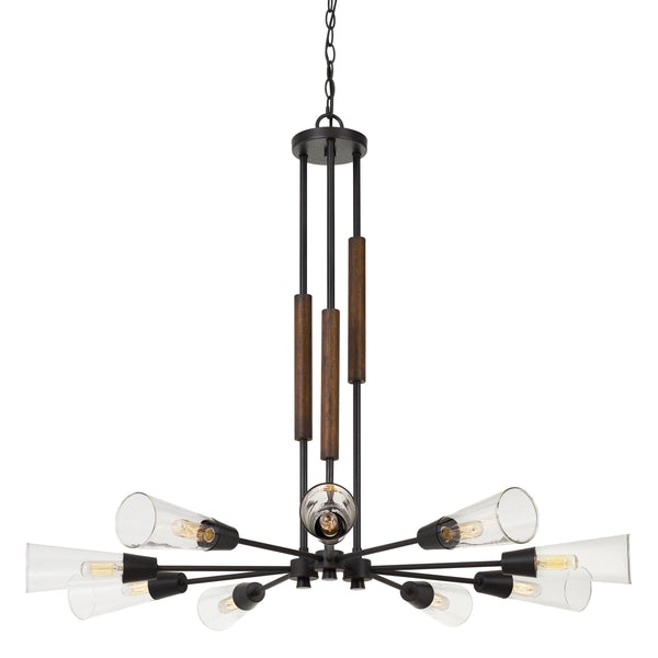 Metal Chandelier With Spoke Design Glass Shade And Wooden Accent, Black - BM224856