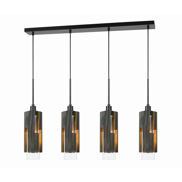 4 Light Metal Frame Pendant Fixture With Wooden And Glass Shades, Gray - BM224863