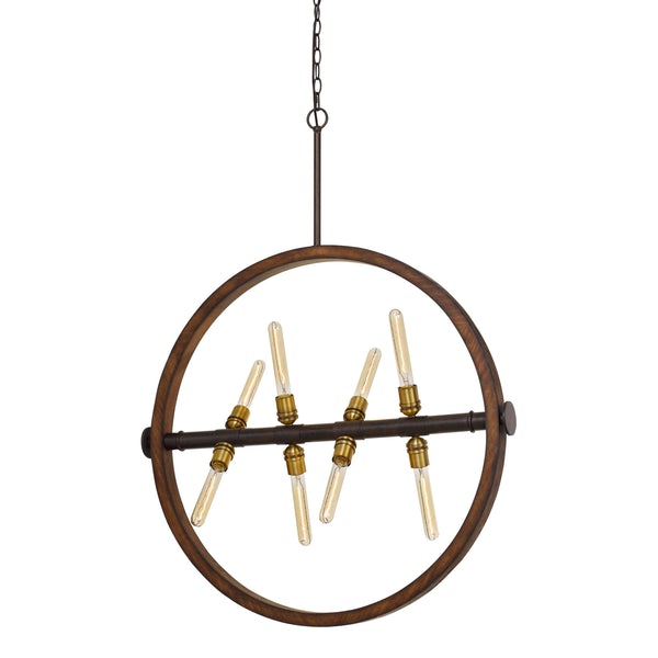 Round Wood Frame Chandelier With Metal Rod And Glass Shade,Bronze And Brown - BM224893