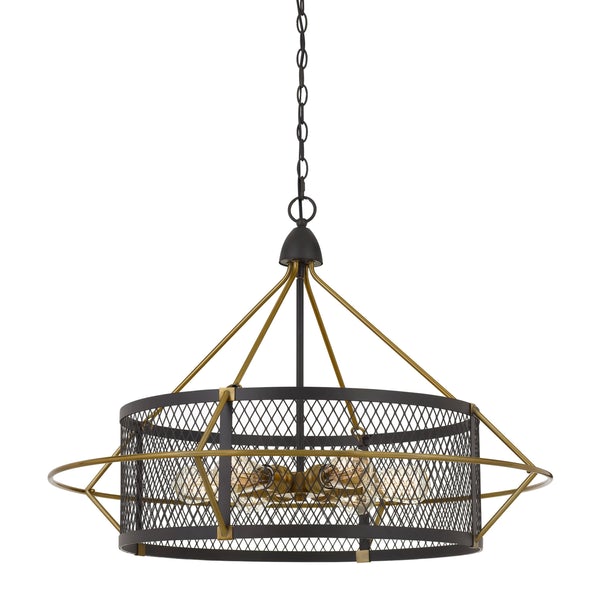6 Bulb Metal Chandelier With Round Mesh Frame, Black And Gold - BM224905