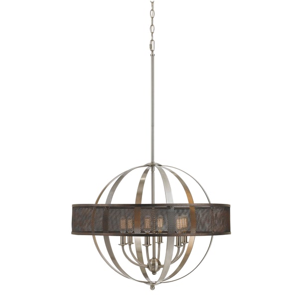 6 Bulb Round Metal Chandelier With Mesh Design, Chrome And Gray - BM224908