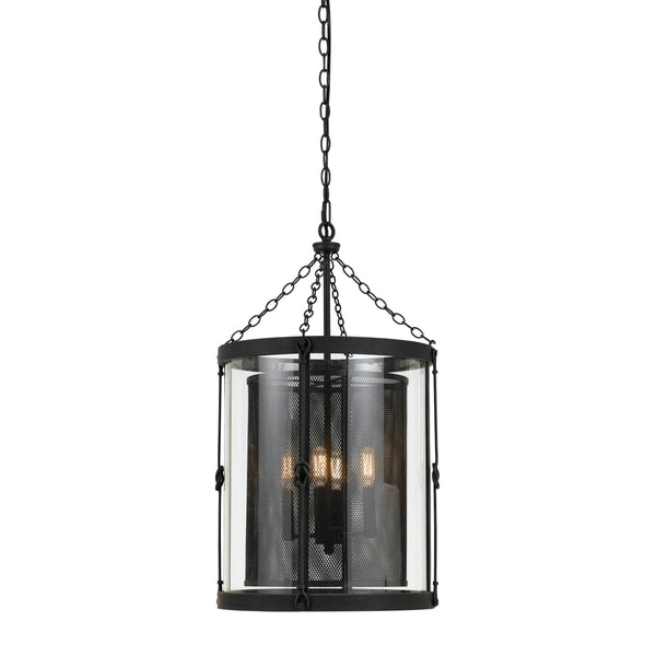 4 Light Metal Frame Glass Encased Chandelier With Mesh Shade, Black - BM224910