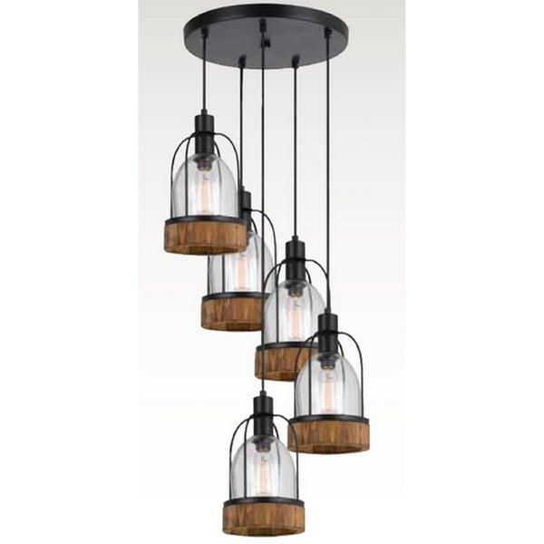 5 Bulb Wind Chime Design Pendant Fixture With Wooden And Glass Shade, Black - BM224918