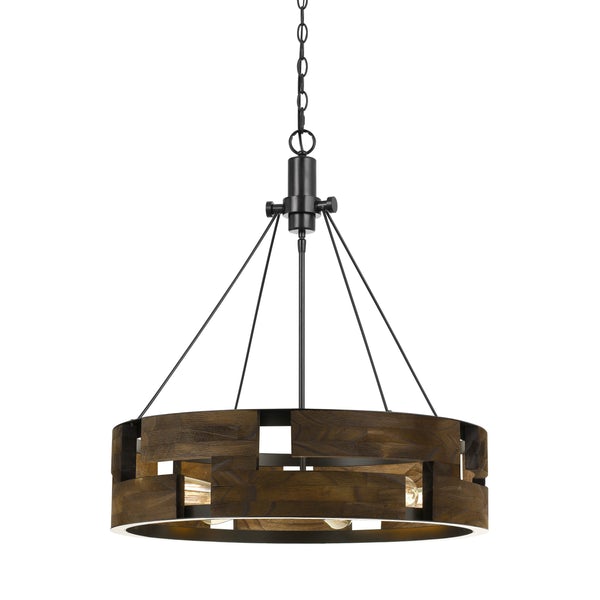 6 Bulb Round Wooden Frame Chandelier With Geometric Cut Our Design, Brown - BM224920