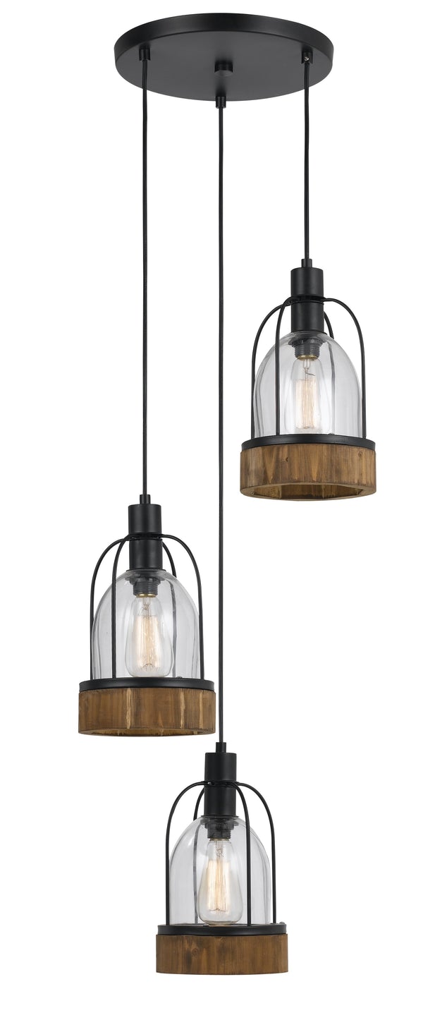 60 X 3 Watt Metal And Wood Pendant With Glass Encasing, Brown And Black - BM224928