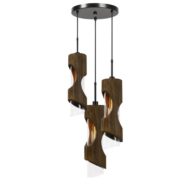 60 X 3 Watt Wood And Metal Chandelier With Glass Shade, Brown And Black - BM224932