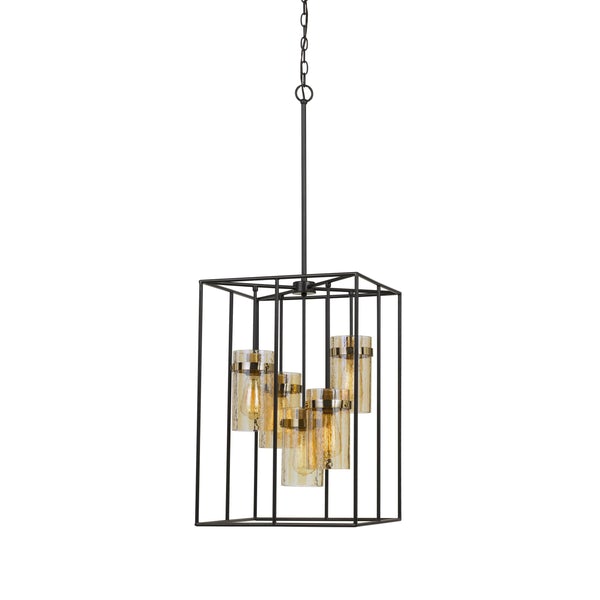 Rectangular Cage Design Metal Pendant Fixture With Glass Shade, Black - BM224956