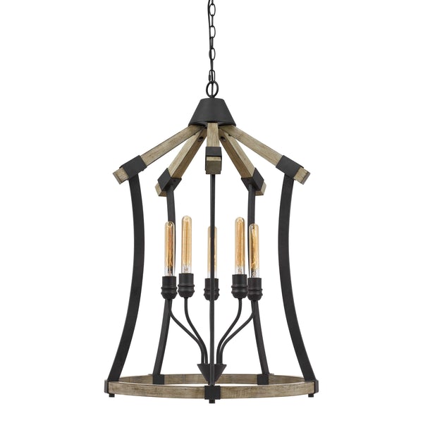 5 Bulb Pendant Fixture With Wooden And Metal Frame, Brown And Black - BM224958