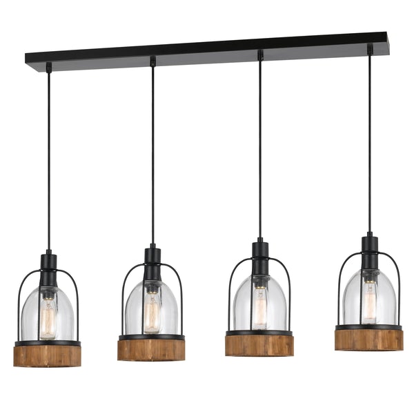 Metal Pendant Fixture With 4 Lantern Design Glass Shade, Black And Clear - BM224967