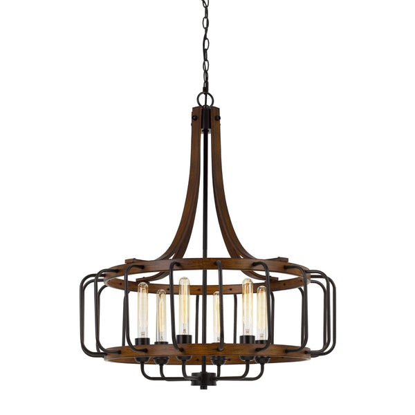 6 Bulb Round Chandelier With Wooden Frame And Metal Bars, Brown And Black - BM224968