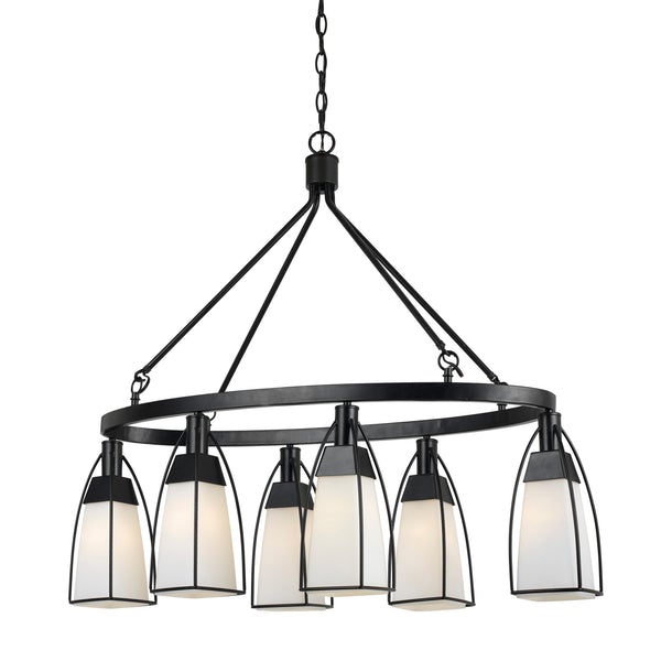 6 Bulb Oval Metal Frame Chandelier With Glass Shades, Black And White - BM224974
