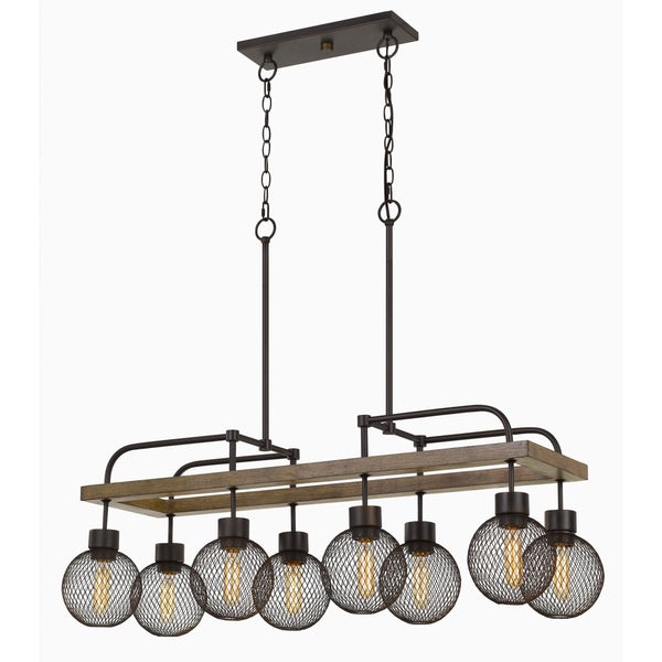 8 Bulb Chandelier With Wooden Frame And Metal Orb Shades, Brown And Black - BM224975