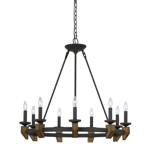 9 Bulb Round Metal Chandelier With Candle Lights And Wooden Accents, Black - BM224977