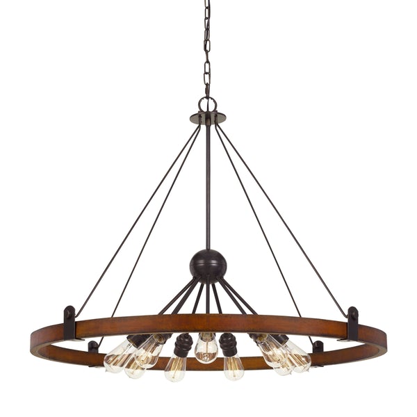 9 Bulb Chandelier With Round Wooden Frame And Metal Cantilevers, Brown - BM224985