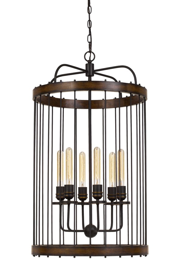 Round Metal And Wooden Frame Chandelier With Cage Design, Brown And Black - BM224996