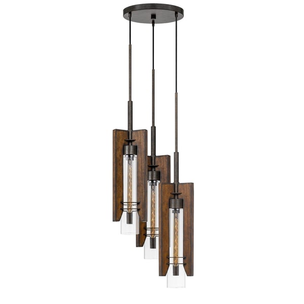 3 Bulb Wind Chime Design Chandelier With Wooden Shades, Brown And Black - BM224999