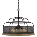 6 Bulb Chandelier With Wooden And Perforated Metal Frame, Black And Brown - BM225608