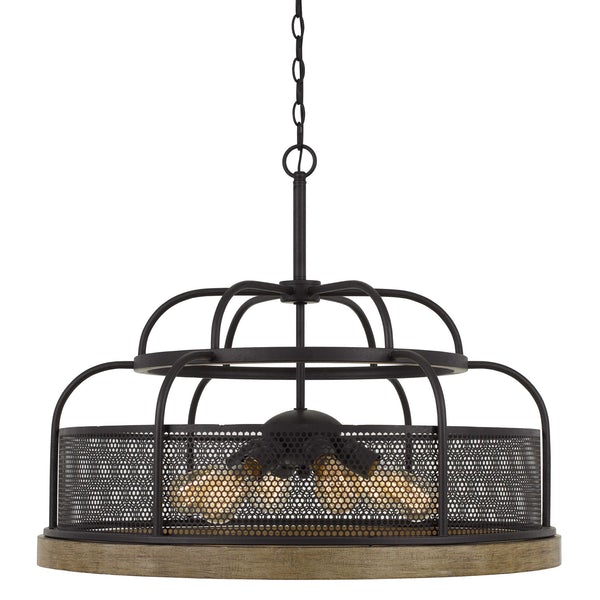 6 Bulb Chandelier With Wooden And Perforated Metal Frame, Black And Brown - BM225608