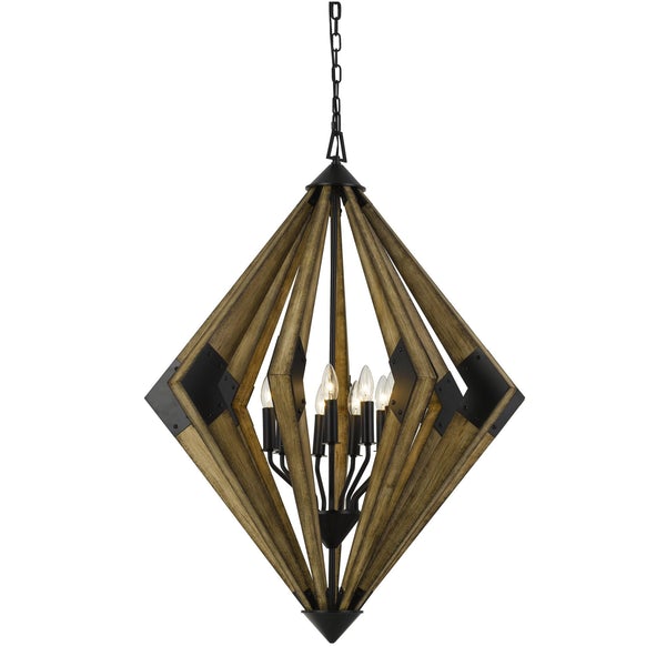 9 Bulb Diamond Shape Wooden Chandelier With Metal Accents, Brown - BM225613