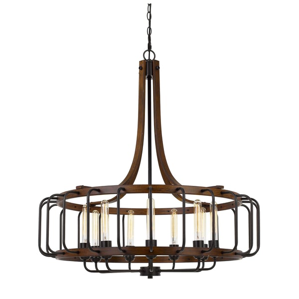 9 Bulb Round Chandelier With Wooden Frame And Metal Bars, Brown And Black - BM225614