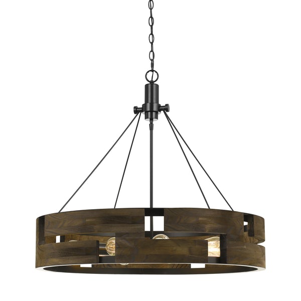 9 Bulb Round Wooden Frame Chandelier With Geometric Cut Out Design, Brown - BM225623