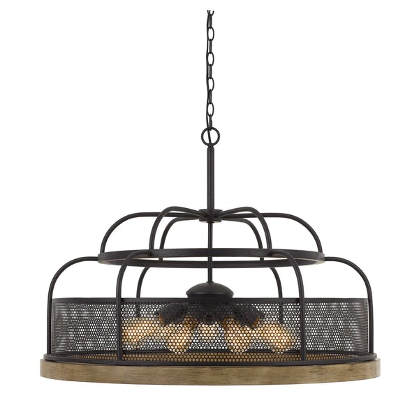 9 Bulb Chandelier With Wooden And Perforated Metal Frame, Black And Brown - BM225624